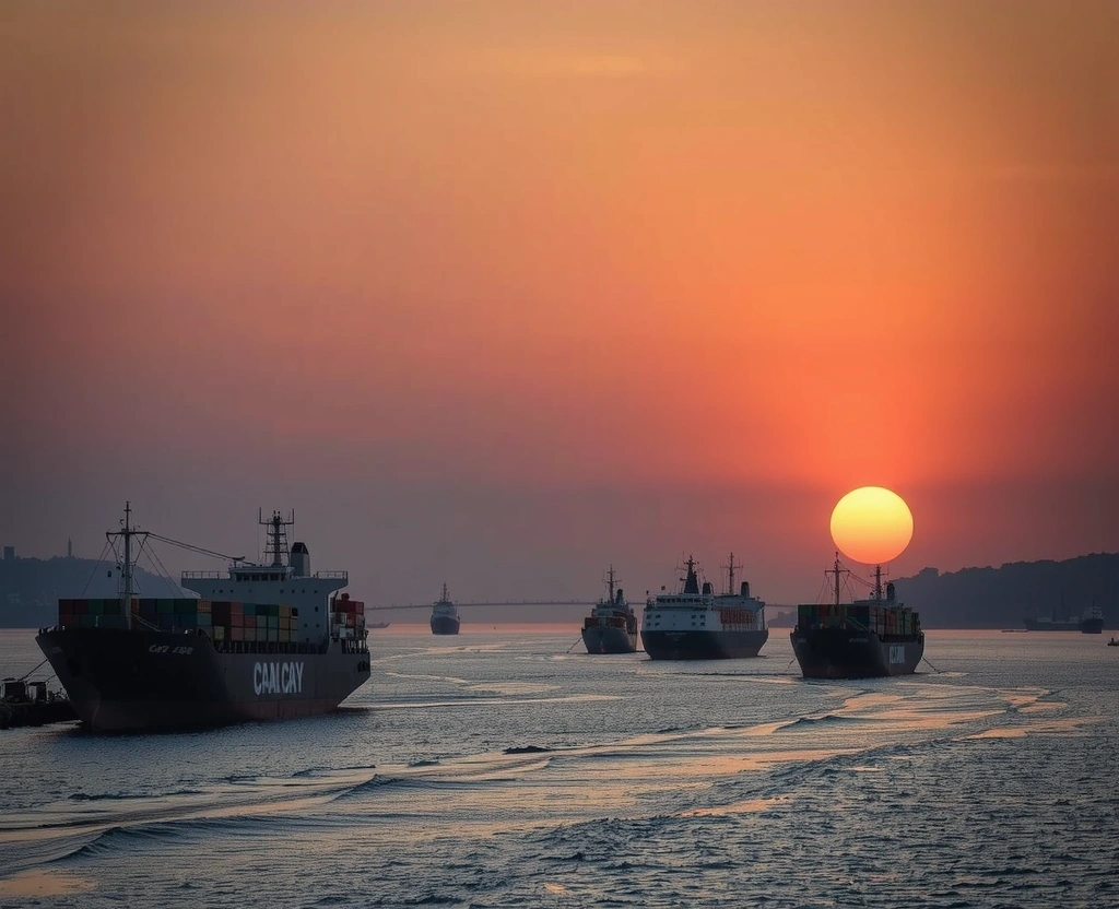 Cargo ships at sunset