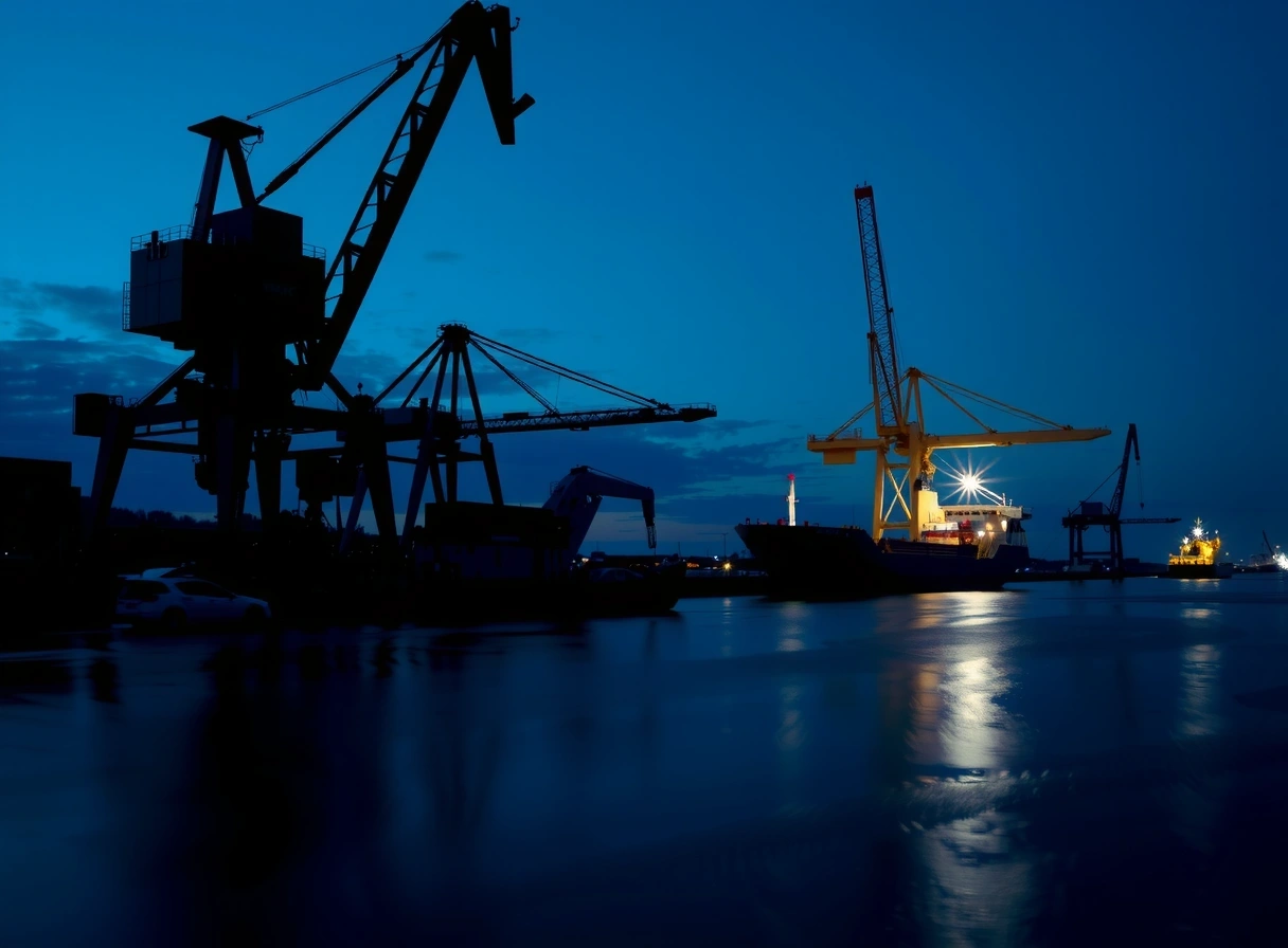 Modern port infrastructure at twilight